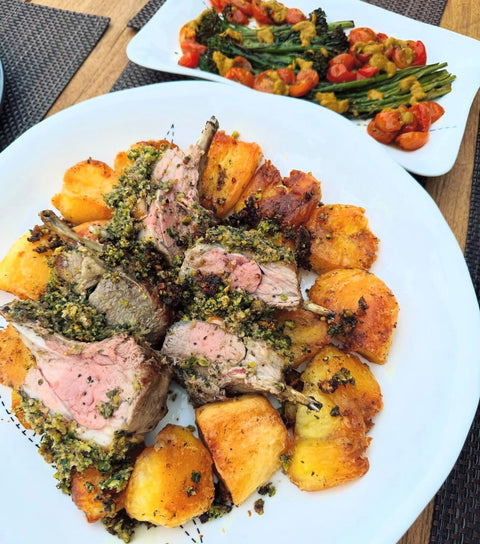 Pistachio and Herb Crusted Rack Of Organic Lamb