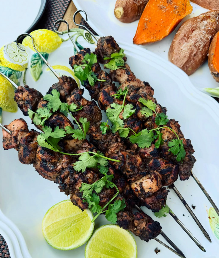Organic Jerk Chicken Kebabs with Roasted Sweet Potatoes & Charred Corn Mango Salad