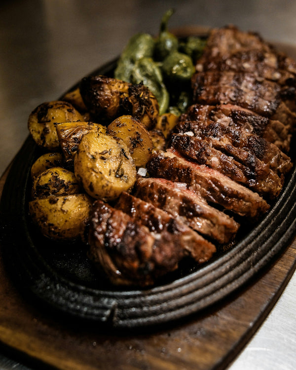 Steak with Crispy Garlic Potatoes & Chimichurri
