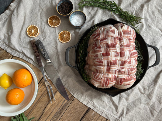 Five Bird Roast with Orange and Cranberry Stuffing and Bacon Latticed