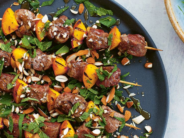 Goat kebabs with peach, mint and honey