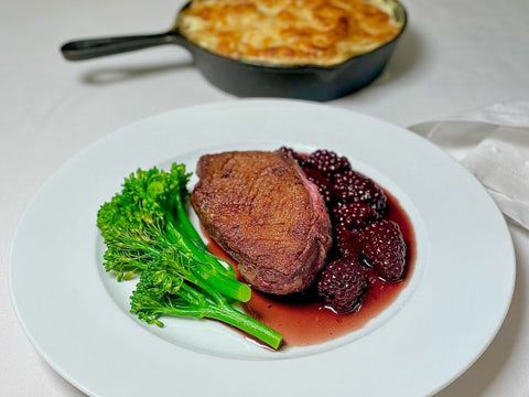 Duck Breast with Blackberry & Bay Sauce with Dauphinoise Potatoes