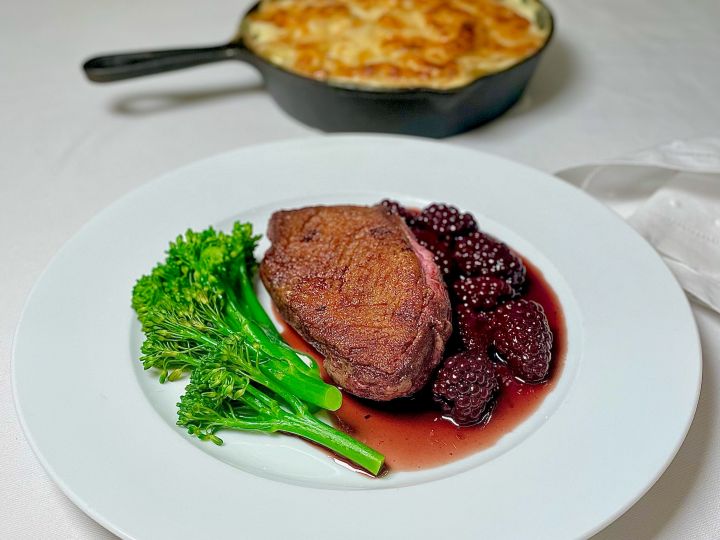 Duck Breast with Blackberry & Bay Sauce with Dauphinoise Potatoes