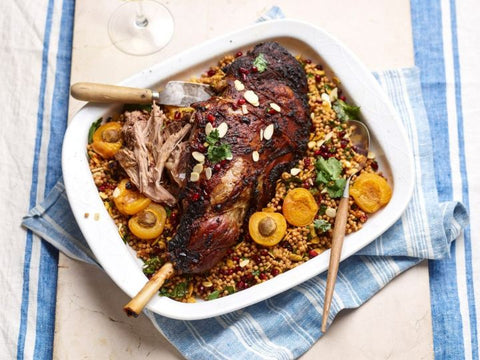 Harissa-Spiced Leg of Lamb with Apricots & Pomegranate Couscous