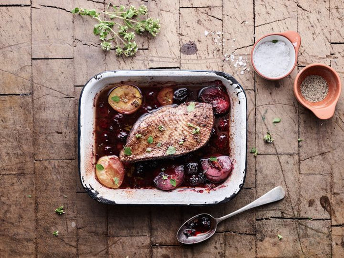 Goose Breast with Plums and Blackcurrant Liqueur Sauce