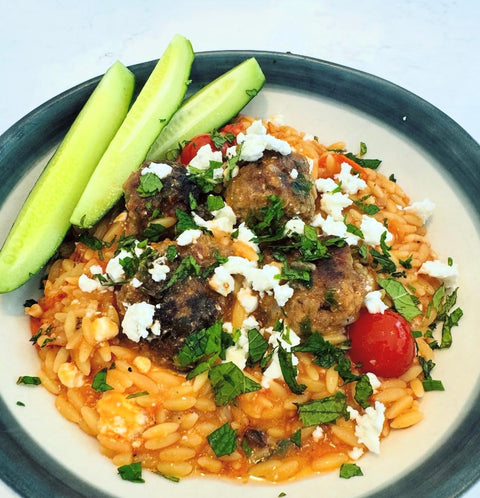 Greek-Style Lamb Meatballs with Tomato & Feta Orzo