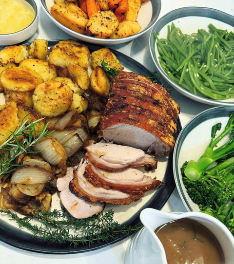 Roast Organic Pork Loin with Crackling, Apple & Onion