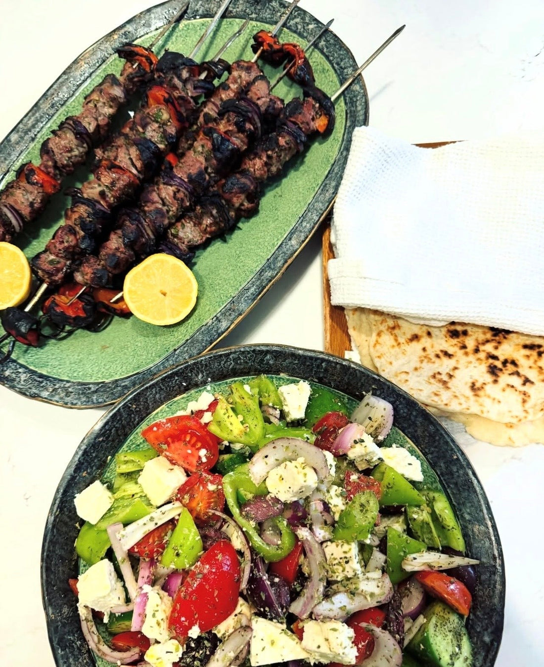 Organic Lamb Kebabs with Greek Salad & Two-Ingredient Flatbreads