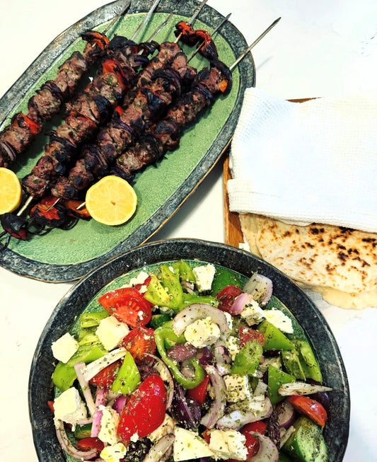 Organic Lamb Kebabs with Greek Salad & Two-Ingredient Flatbreads