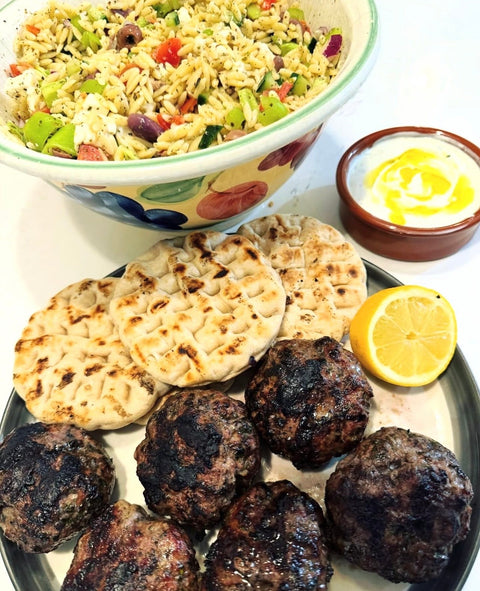 BBQ Organic Lamb Burgers with Greek Salad Orzo
