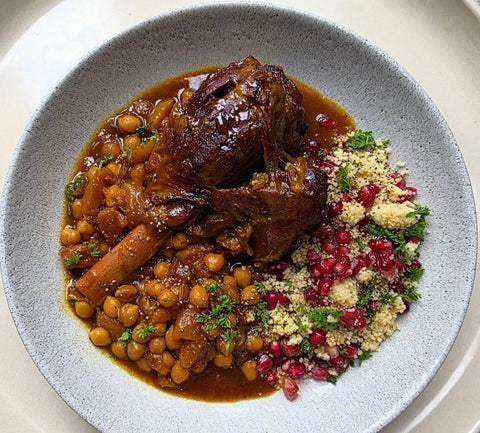 Moroccan Spiced Organic Lamb Shanks with Couscous, Pomegranate & Coriander