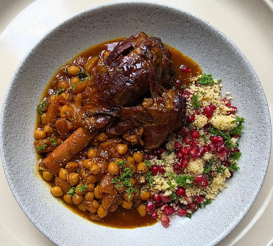 Moroccan Spiced Organic Lamb Shanks with Couscous, Pomegranate & Coriander