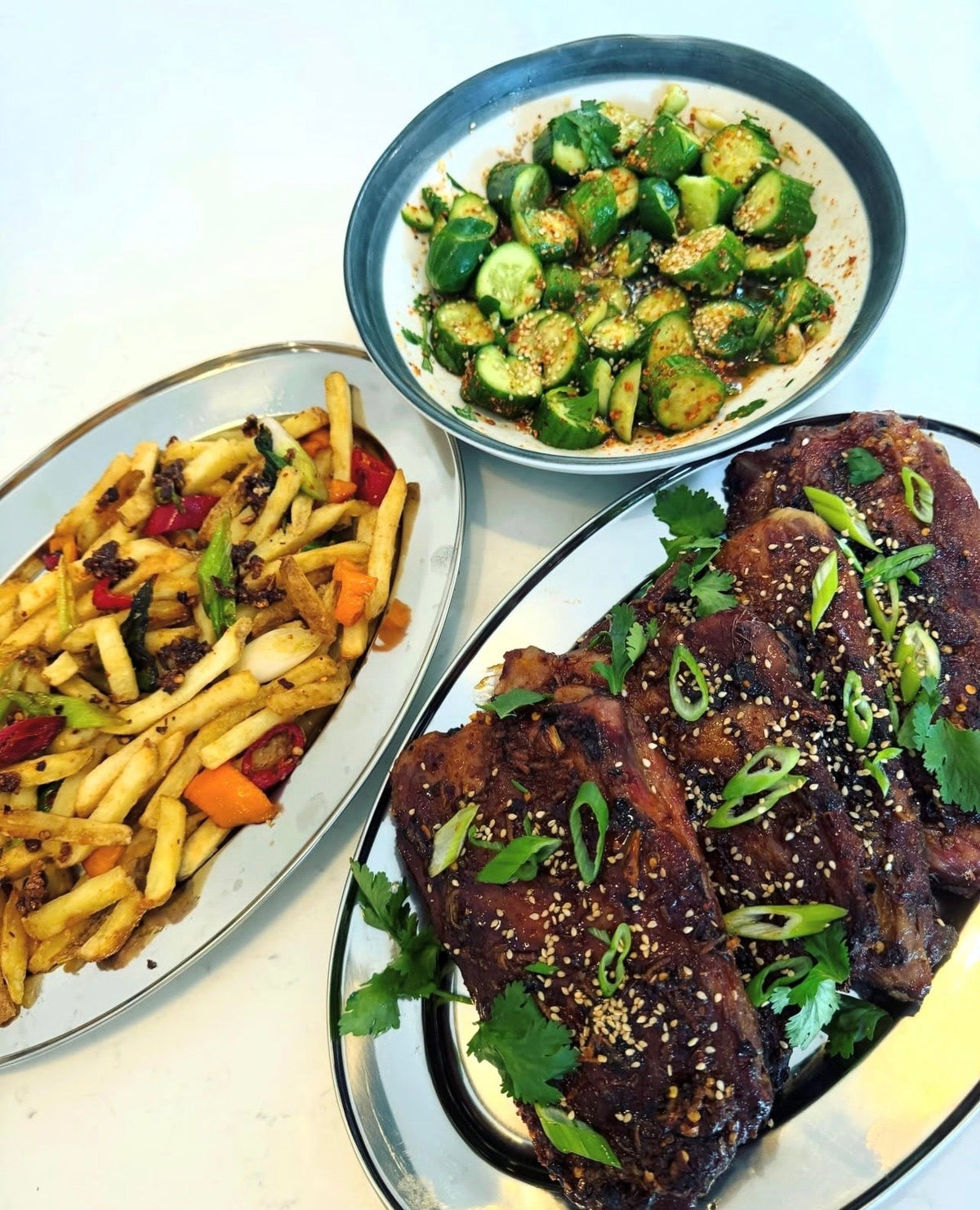 Sticky Asian Pork Ribs with Salt & Pepper Fries & Smacked Cucumber Salad
