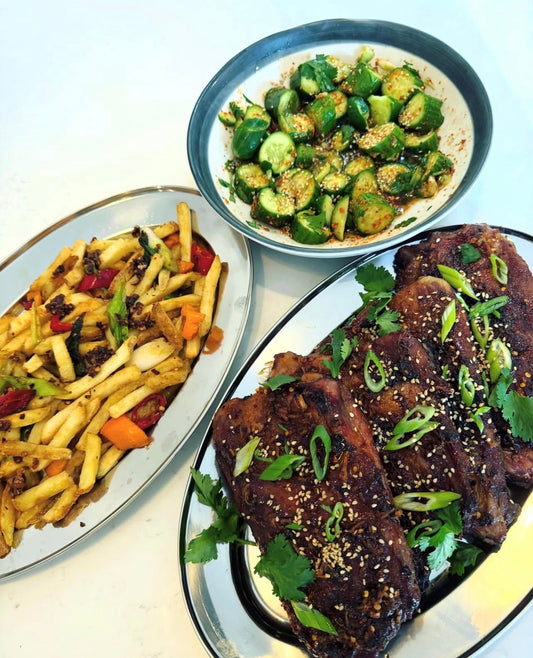 Sticky Asian Pork Ribs with Salt & Pepper Fries & Smacked Cucumber Salad