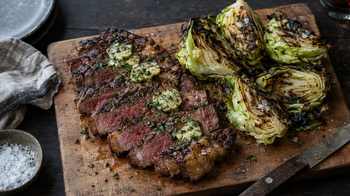 Ribeye with Smoked Anchovy Butter & Charred Hispi