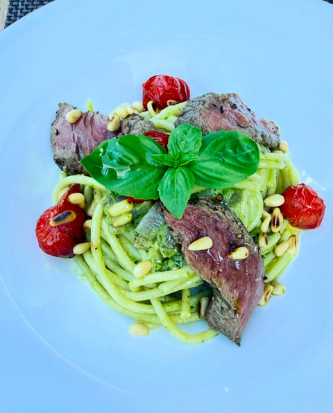 Organic Fillet Steak with Pesto Bucatini