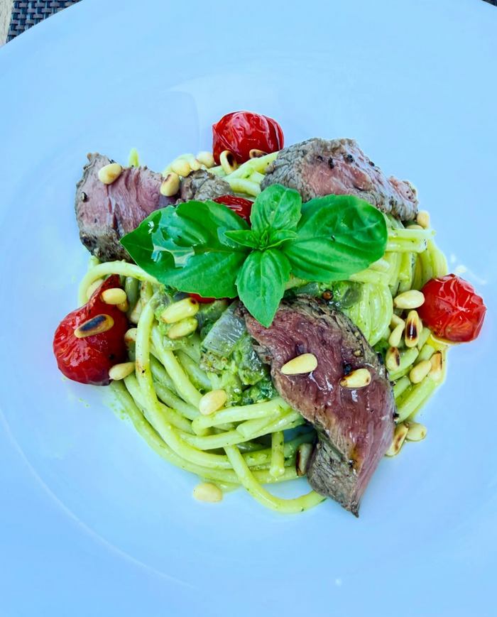 Organic Fillet Steak with Pesto Bucatini
