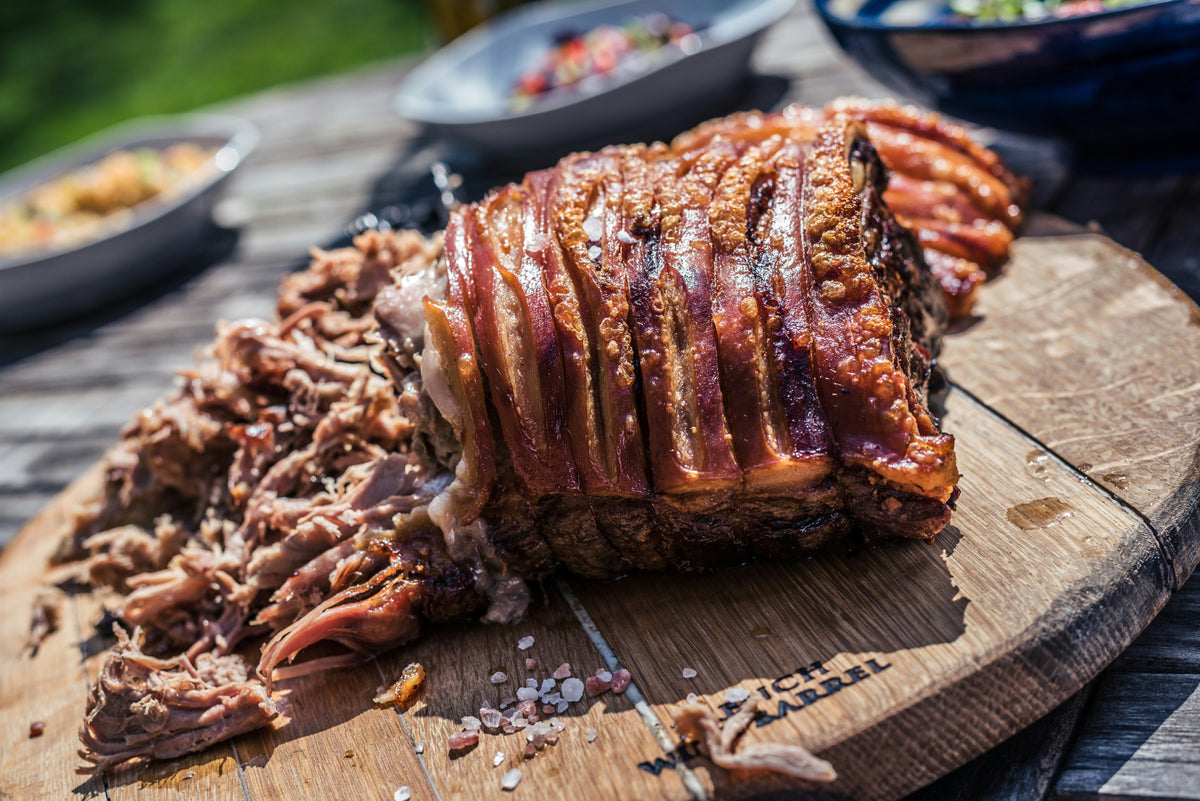 Slow-Roasted Organic Pork Shoulder with Charred Summer Vegetables & Herby New Potatoes