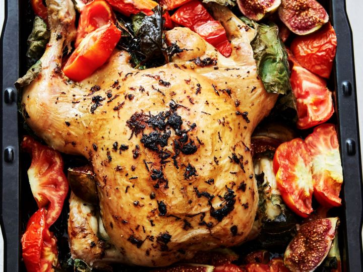 Roast Chicken in Fig Leaves, with Figs & Tomatoes
