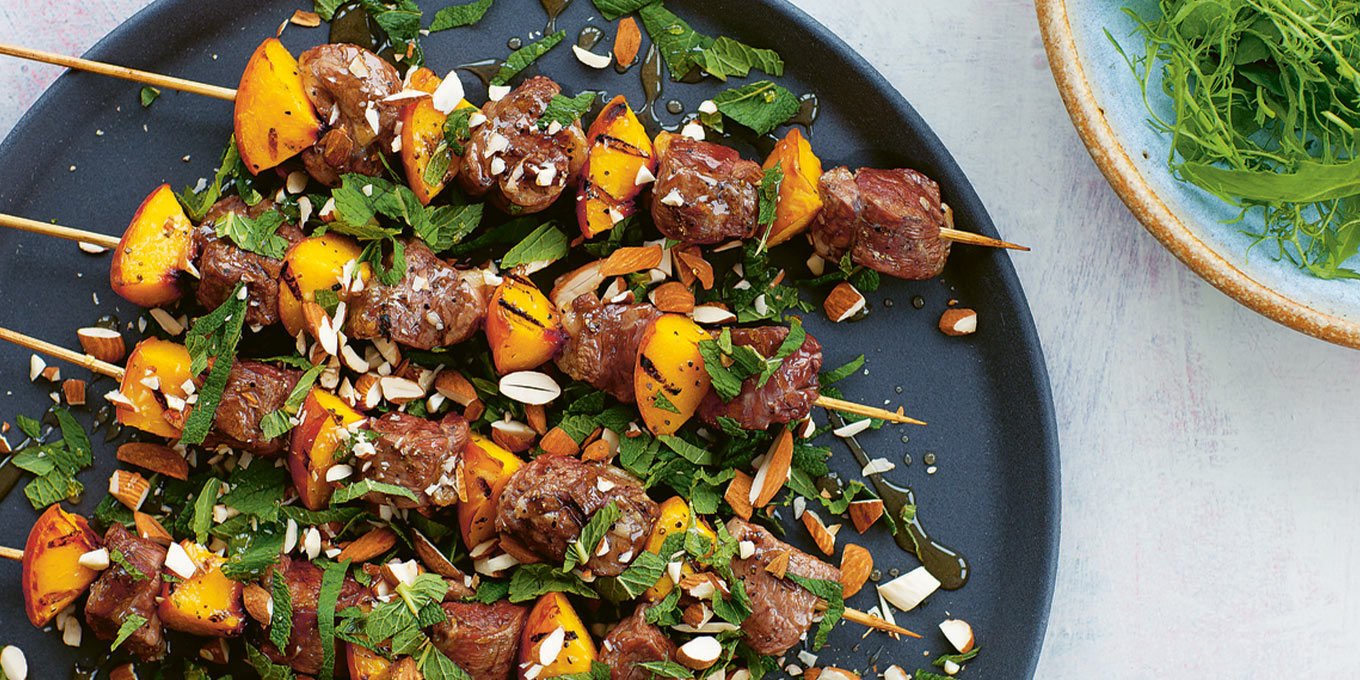 Goat kebabs with peach, mint and honey
